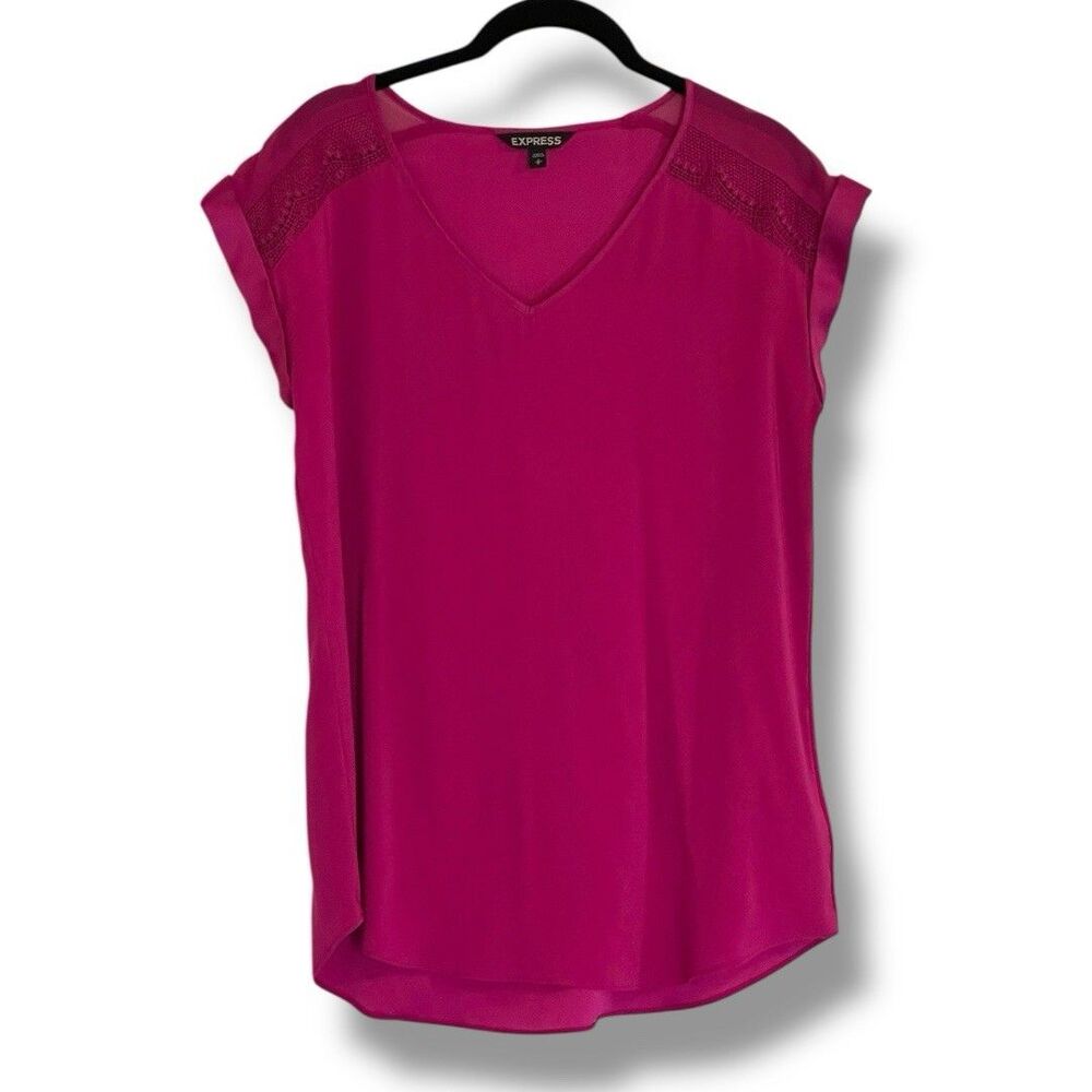 Express Women’s Rolled Sleeve Sheer Blouse Hot Pink Lace Details Size Small